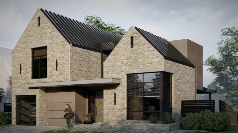 Exterior render of Stone Clad Manor project
